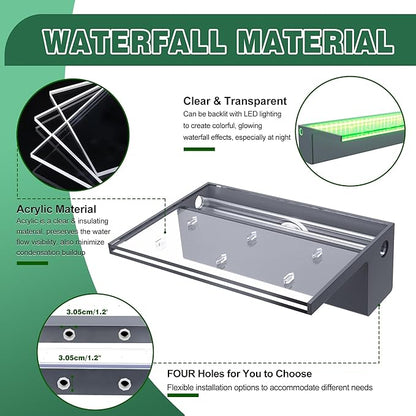 Pool Fountain, LONGRUNNEW Transparent Acrylic Pool Waterfall Spillway with Pipe Connector Kits for Indoor/Outdoor Decorative, 35.4 Inches Pool Water Feature for Garden Patio, Backyard Koi Pond Decor