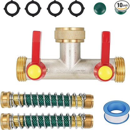2 Way Hose Splitter, Brass High Flow Garden Hose Splitter Heavy Duty, Hose Connector, Water Spigot Splitter, Full Flow Faucet Splitter with shutoff, 3/4” GHT Inlet