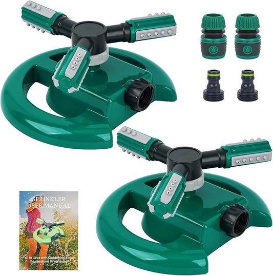 Automatic Garden Water Sprinkler, 360 Degree Rotation Irrigation System, Large Area Coverage, for Yard, Lawn, Garden - 2 Pack (Deep Green)