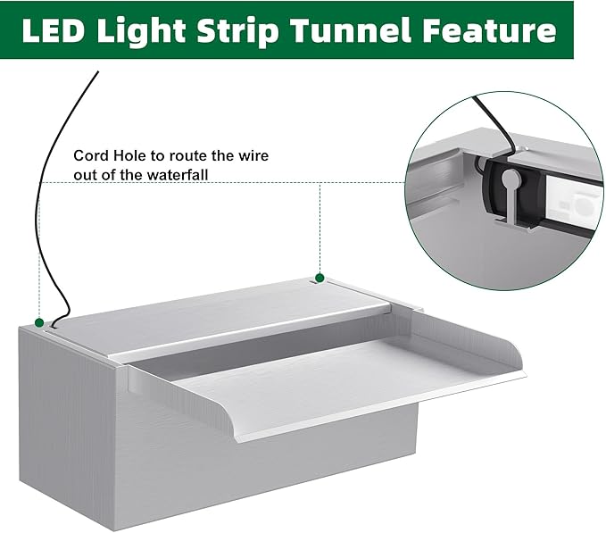 Pond Waterfall Spillway LONGRUNNEW 304 Stainless Steel 11.8" Rectangular Waterfall Spillway, Water Fall Fountain with Pipe Connector for Garden Outdoor, Swimming Pools, Fountains, Pond and Spa