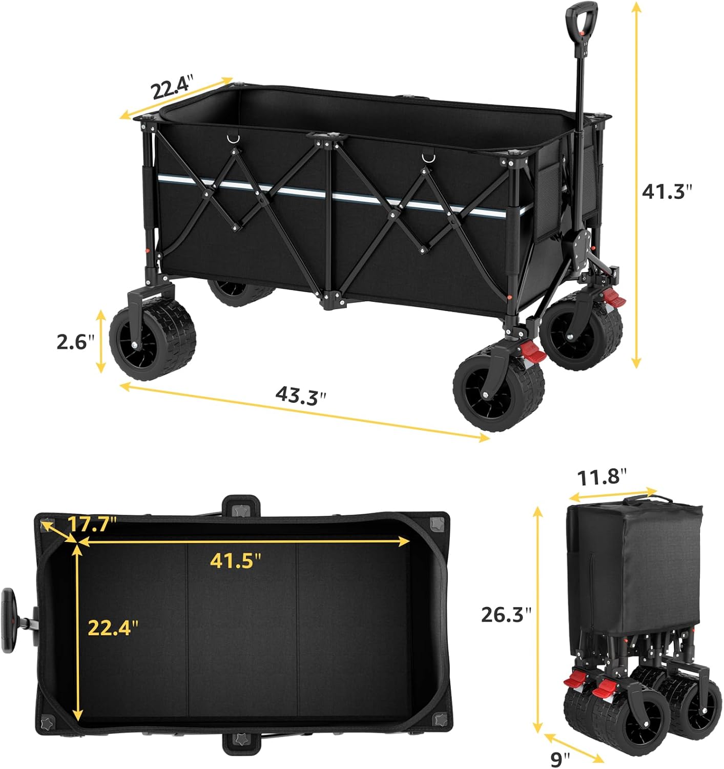 Collapsible Wagon Cart with Wheels Foldable - Folding Utility Heavy Duty Wagons Carts for Grocery Sports Garden Shopping Camping Wheelbarrows (Black, 260L)