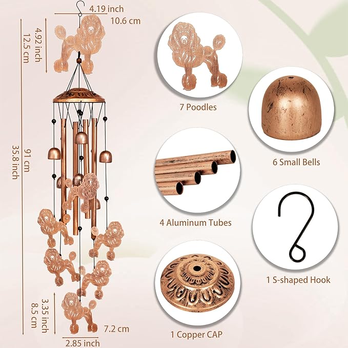Poodle Wind Chimes for Outside, Metal Windchimes Outdoors, Poodle Gifts for Women/Men, Memorial/Birthday Gifts, Garden Decor for Outside, Patio or Yard, Durable Chimes for Outdoors