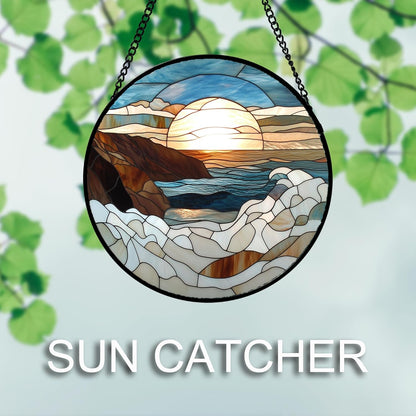 Stained Glass Window Hanging 4 Pcs Set Ocean Waves 9.8" - Blue and White Sea Suncatcher Door Garden Sun Catcher Decor Birthday Christmas for Mom Woman Nana Men