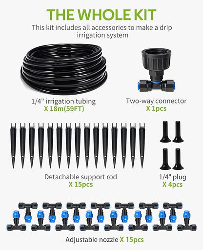 HIRALIY 59FT Greenhouse Misting Drip Irrigation Kit, Hanging Plant Watering, Garden Watering System with 1/4" Blank Tubing and Misting Nozzles, Quick Connector Design Automatic Irrigation System