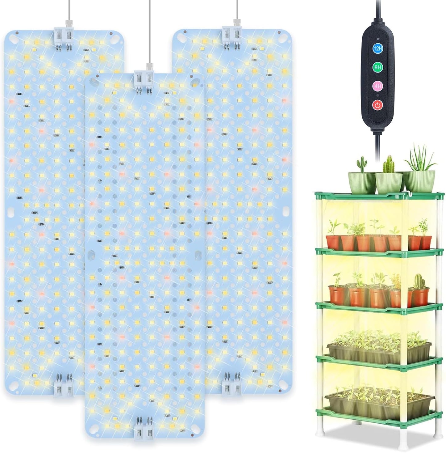 3Pack Flat Panel Grow Lights for Indoor Plants, Seed Starting, Vegetables with 4/8/12 Hr Timer, 30W Full Spectrum LED Plant Growing Lamps for Cabinet/Shelves/Greenhouse, Plug-and-Play, Connect Freely