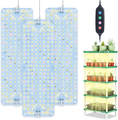 3Pack Flat Panel Grow Lights for Indoor Plants, Seed Starting, Vegetables with 4/8/12 Hr Timer, 30W Full Spectrum LED Plant Growing Lamps for Cabinet/Shelves/Greenhouse, Plug-and-Play, Connect Freely