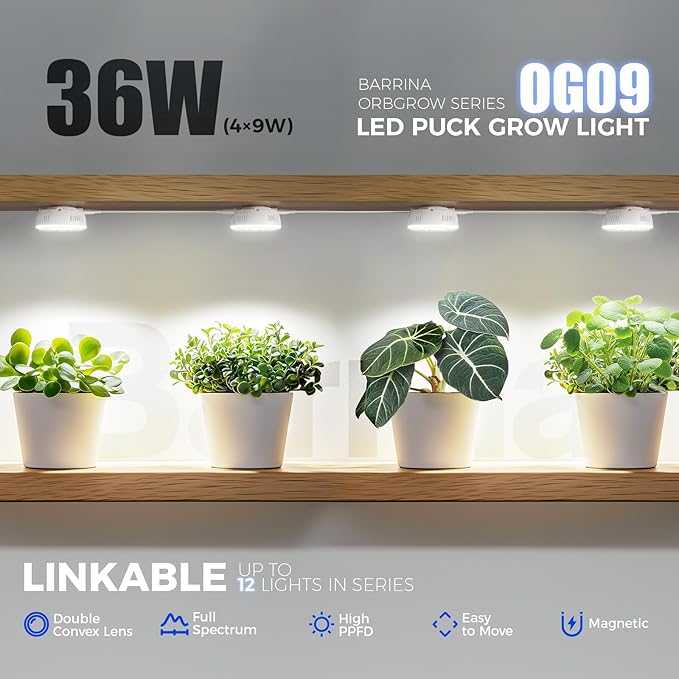 Barrina Orbgrow OG09 Puck LED Grow Light, 5000K 36W(4 x 9W, 540 Watt Equiv), Plant Lights for Indoor Plants Full Spectrum, Magnetic & Linkable, Small Grow lamp, Perfect for Plant Shelf, 4 Packs