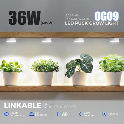 Barrina Orbgrow OG09 Puck LED Grow Light, 5000K 36W(4 x 9W, 540 Watt Equiv), Plant Lights for Indoor Plants Full Spectrum, Magnetic & Linkable, Small Grow lamp, Perfect for Plant Shelf, 4 Packs