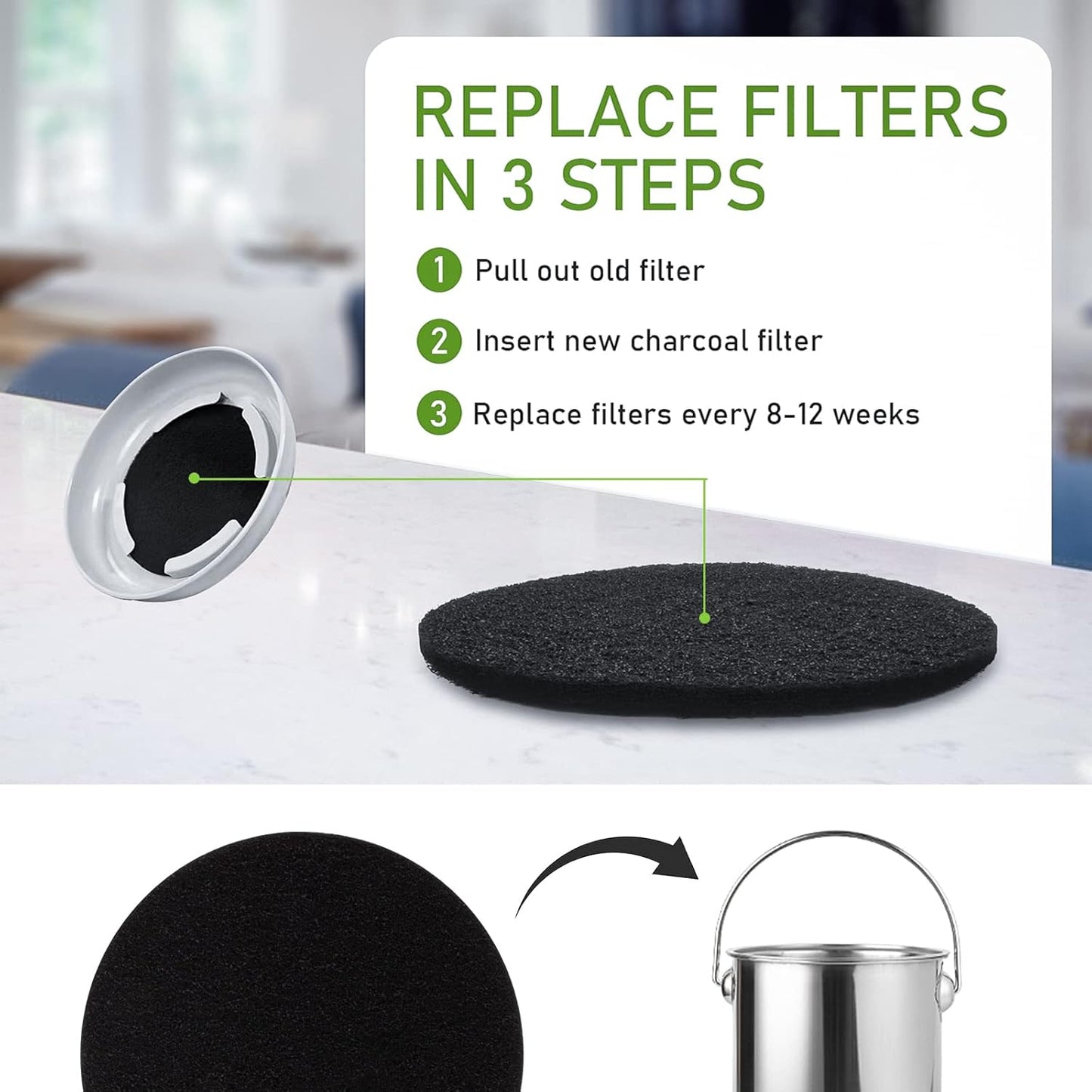 10 Pack Charcoal Filters for Kitchen Compost Bin, Compost Filters for Countertop Bin Pail Replacement, Activated Charcoal Home Bucket Refill Sets, Round 6.7 Inch