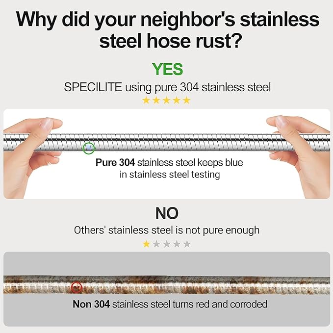 SPECILITE Stainless Steel Garden Water Hose 100 ft with Swivel Handle, Lightweight & Flexible Pipe with Heavy Duty Nozzle for Yard, Outdoor, Lawn