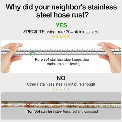 SPECILITE 200ft 304 Stainless Steel Garden Hose Metal, Heavy Duty Water Pipe with Nozzles for Yard, Outdoor - Flexible, Never Kink & Tangle, Puncture Resistant (Sliver)