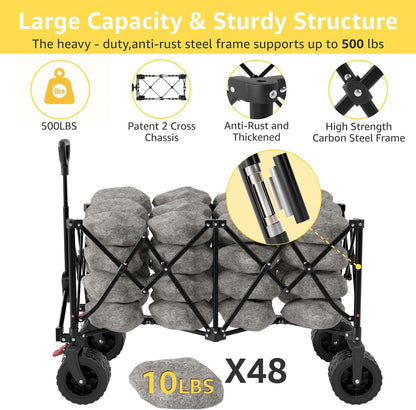 Collapsible Wagon Cart with Wheels Foldable - Folding Utility Heavy Duty Wagons Carts for Grocery Sports Garden Shopping Camping Wheelbarrows (Black, 260L)