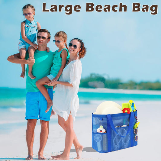 Mesh Beach Bag, Large Beach Tote with Zipper Pocket for Family Pool Bag for Toys & Vacation Essentials