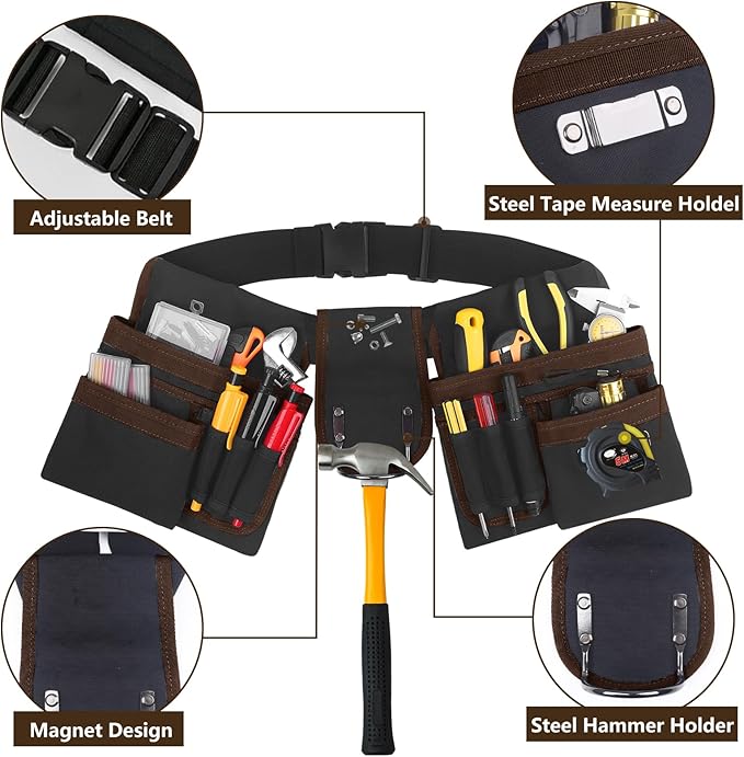 Tool Belt With Suspenders, 24 Pockets Tool Bag with Magnetic Wristband, Detachable Tool Pouch Bag, Adjustable Waists for Men Electrician Carpenter Construction (Brown)
