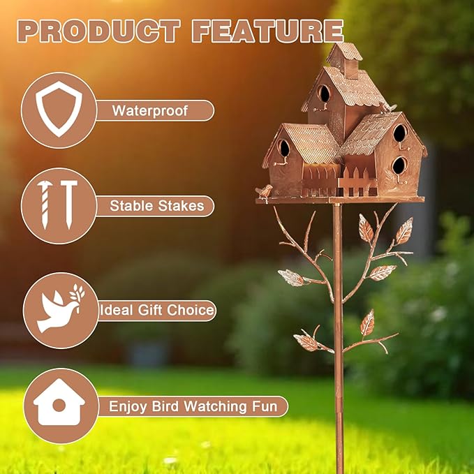 75" Bird Houses Stake for Outside - Metal Copper Colored Multi Bird Houses with Pole for Outdoor Patio Yard Garden Decoration