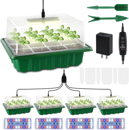 4 Packs Medium Seed Starter Tray, Adjustable Brightness and Timer, Upgraded 24 Full Spectrum LEDs, Seed Starter Kit with Drainage Holes, Tools and Labels for Indoor Plant Growing
