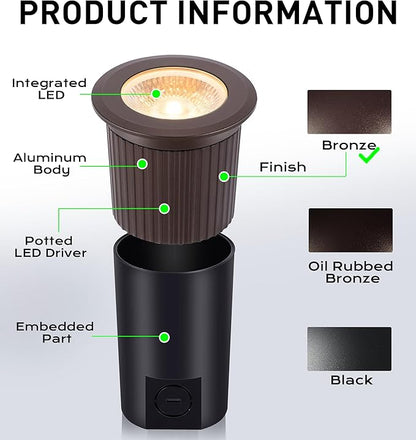 [6 Pack] CLOUDY BAY 9W LED Landscape Well Lights,2700K/3000K/3500K/4000K/5000K Selectable,Low Voltage 12V/24V Ground Lighting,Waterproof Outdoor In Ground Lights for Uplights,Bronze