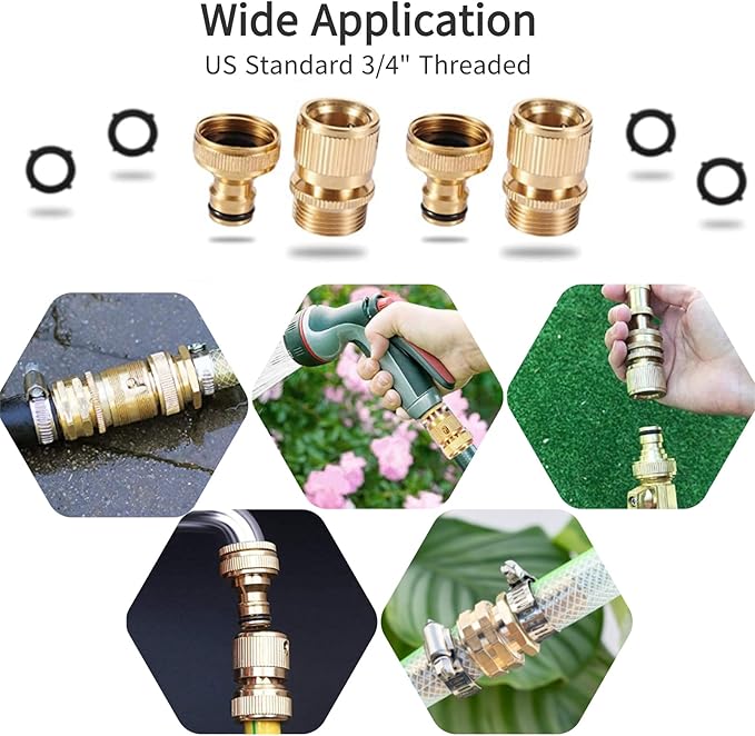 Garden Hose Quick Connector, Solid Brass 3/4 inch GHT Thread No-Leak Water Hose Fittings for Quick Connect and Release, Male and Female Garden Hose Adapter (2 Pack)
