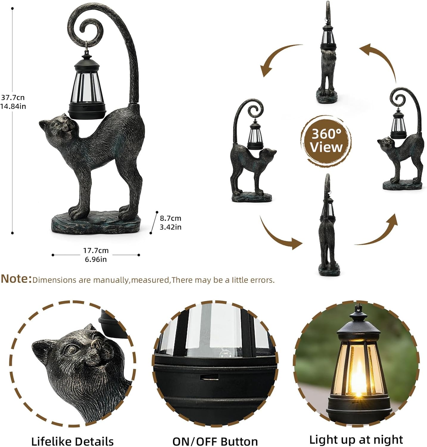 Solar Cat Garden Decor Outdoor Statue - Cat with LED Waterproof Sculptures Lights, Cute Pond/Yard Statues Outside Decoration, Home, Lawn, Patio, Resin Animal Ornament, Women/Gardening Gift