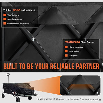 OVERMONT Collapsible Wagon with Tailgate - 220lbs Extended Lightweight Foldable Utility Wagons Folding Cart with Wheels - Small Garden Grocery Cart for Shopping,Grocery,Sports,Garden