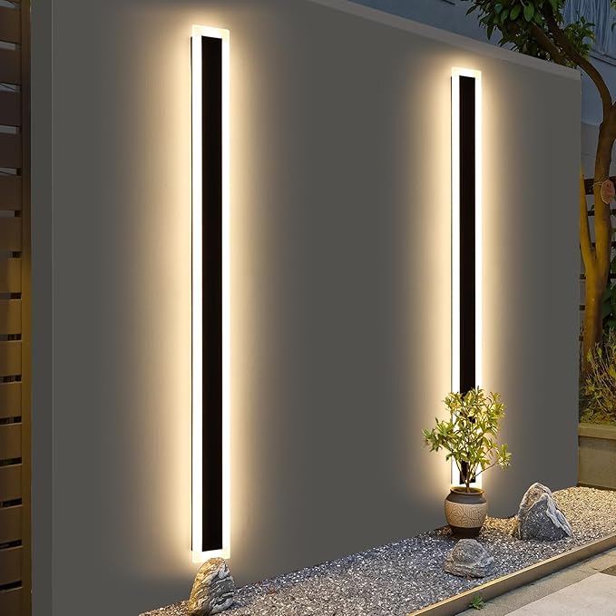 Upgrade Widened 2 Pack LED Outdoor Wall Lights, 71inch Modern Lighting Fixture, 3000K Warm White, IP65 Waterproof, 60W, White Acrylic, Black Minimalist Wall Mount Sconce for Balcony, Yard, Fence
