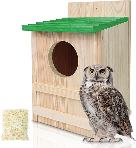 Screech Owl House, Owl Bird Box Large Handmade Wooden Circular Opening Screech Box for Outside with Mounting Screws and A Bag of Wood Shavings, Easy Assembly Required (Green, 9''x14.5XX)