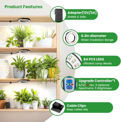 Wiaxulay 6.3” Ceiling Plant Grow Light, 252 LED Full Spectrum Halo Grow Lights for Indoor Plants, 12V/3A Under Cabinet Grow Lamp with 6/12/16 Hrs, 3 Lighting Mode, 5 Dimmable Levels, Tri Head