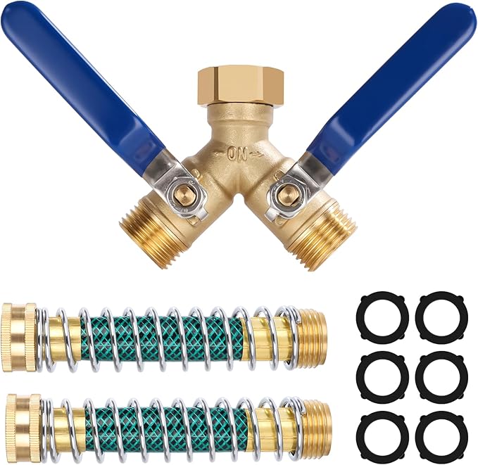 Dalmbox Garden Hose Splitter 2 Way With Long Handle, Garden Hose Adapter with 2 Pcs Garden Hose Coiled Spring Protectors and 6 Rubber Washers