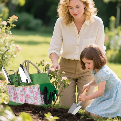 LeMotech Garden Tools Set, 10-Piece Heavy Duty Garden Hand Tools Kit with Wooden Handle, Durable Organizer Bag for Garden Supplies, Gardening Gifts for Women Grandmother, Pink Floral Pattern