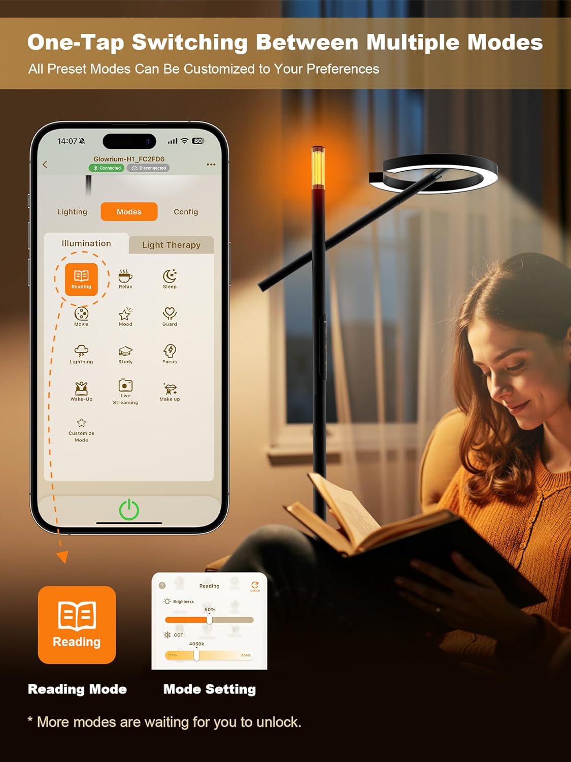 GLOWRIUM Smart Wake Up Light Therapy Lamp with App, 10000 Lux Full-Spectrum Happy Therapy Light, UV-Free Sun Lamp, Circadian Rhythm, Remote, Timer, Cozy Light Settings for Winding Down