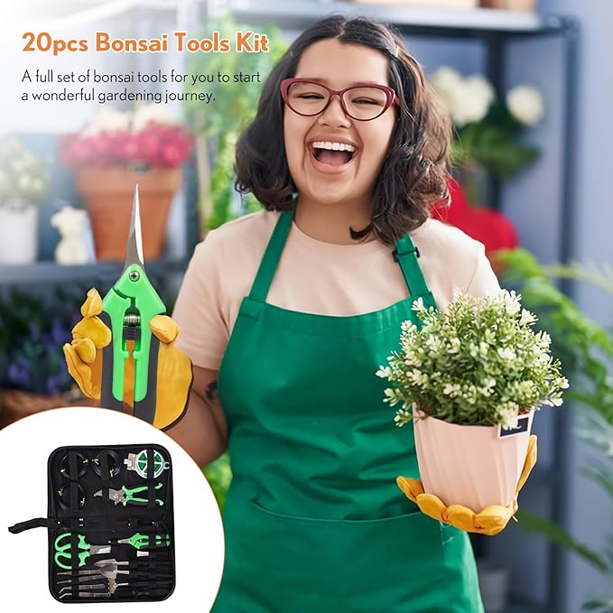 Bonsai Tools Kit 20 Pcs Garden Tools Set for Starters, Includes Bonsai Wire Kit, Plant Mat, Pruning Shears, Bonsai Scissors, Succulent Tools in Leather Storage Bag, Bonsai Gift for Adults