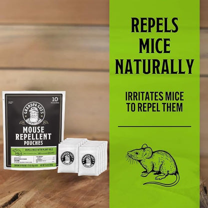 Grandpa Gus’s Extra-Strength Mouse Repellent Pouches, Peppermint & Cinnamon Oil, Natural Rodent Deterrent Control for Garage, RV, Car, Basement, Attic, Storage, 1.75 Oz (Pack of 10)