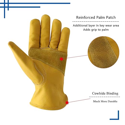 HLDD HANDLANDY 12 Pairs Cowhide Leather Work Gloves with Reinforced Palm for Men & Women (Yellow-12pairs, Small (Pack of 12))
