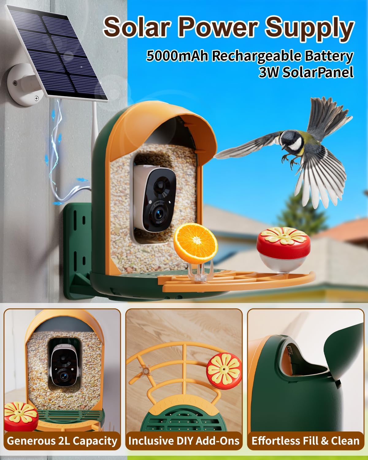 Smart Bird Feeder with Camera, Solar Powered Wireless Birds 2K HD Camera with APP Control, Night Vision, Motion Detection Alerts, IP66 Outdoor Birdfeeder for Backyard Garden Bird Watching, Green