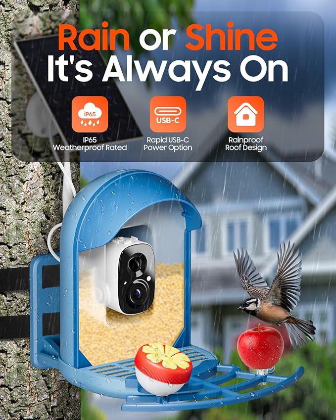 Camii Bird Feeder with Camera, Smart Birdfeeder with AI Identify Birds Species, 2K HD, Solar Powered, Night Vision, Real-Time Alert, IP66 Waterproof for Backyard Bird Watching Enthusiasts (Blue)