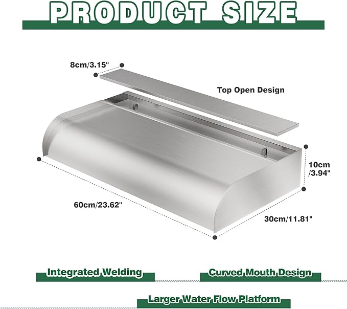Pool Fountain Waterfall Spillway with Wider Water Flow Platform, Stainless Steel Waterfall with Pipe Connector Kits, Water Feature Spillway for Garden Decor, Patio, Ponds, 23."x11.8"x3.9"