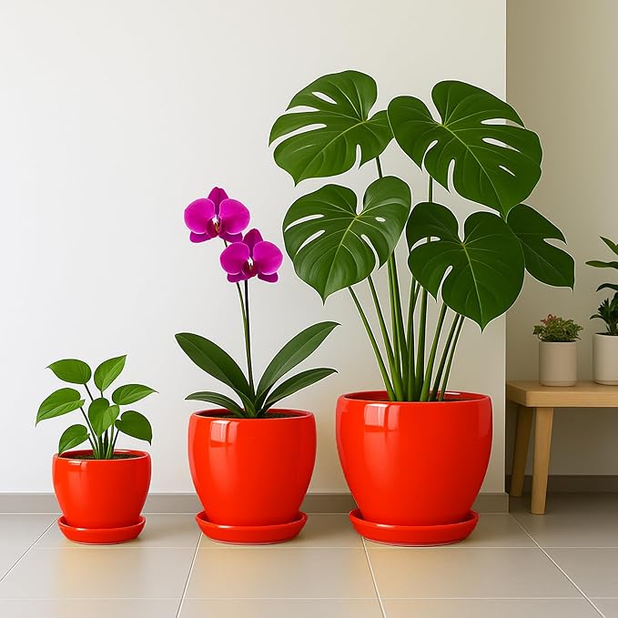 Deep Dream 10 Inch Plant Pot- Ceramic Planter Pot Round Plant Pots for Indoor Plants Outdoor Large Flower Pot with Drainage Holes & Trays, Red