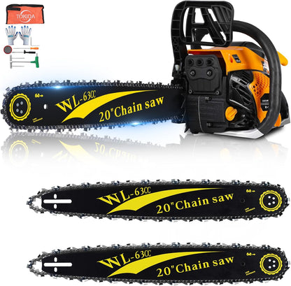 63cc Gas Powered Chainsaw, 3.2KW/3.2HP 2-Cycle Engine, 20-Inch Guide Bar, Professional Power Saw with CDI Ignition, Automatic Oiler & Anti-Vibration System for Heavy-Duty Use