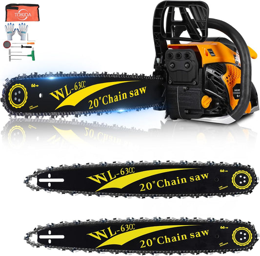 63cc Gas Powered Chainsaw, 3.2KW/3.2HP 2-Cycle Engine, 20-Inch Guide Bar, Professional Power Saw with CDI Ignition, Automatic Oiler & Anti-Vibration System for Heavy-Duty Use
