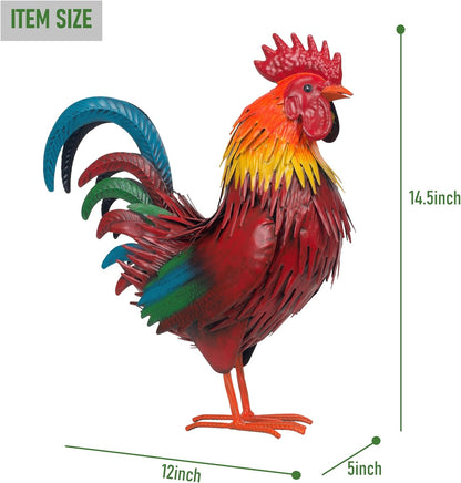 Rooster Garden Statue Sculpture Metal Chicken Yard Decor Outdoor Figurines Patio Backyard Decoration (red)