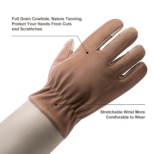 HLDD HANDLANDY Gardening Gloves for Women & Men, Leather Long Sleeve Rose Pruning Gloves, Thorn Proof Garden Work Gauntlet Animal Handling Gloves (Small, Light Brown)
