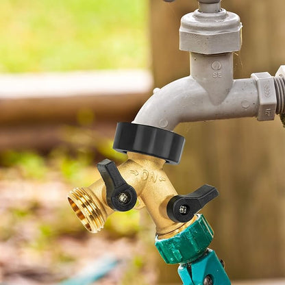 2 Pack Brass Garden Hose Splitter 2 Way, Hose Y Splitter 3/4 Inch Heavy Duty Brass Hose Connector Tap Splitter, Hose Spigot Adapter 2 Valves with Rubber Washers