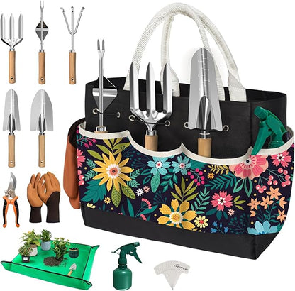 22Pcs Gardening Tools Set for Women Heavy Duty Garden Hand Tool Kit Gardener Gifts for Beginner Gardening Accessories with Tote Bag/Shovel/Repotting Mat/Plant Labels/Gloves-Black