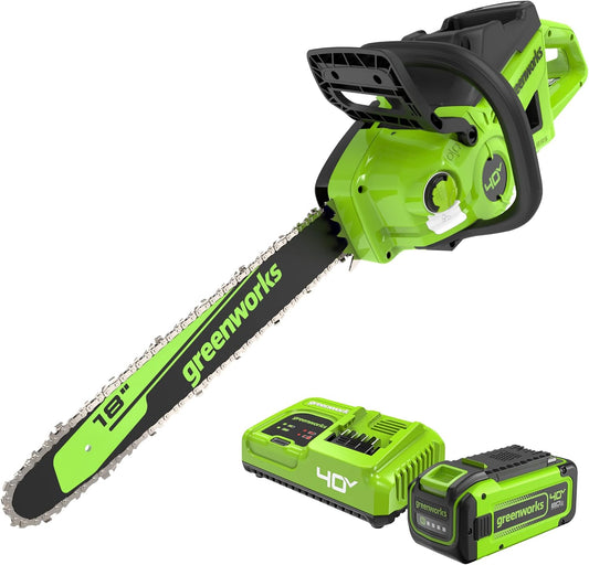 Greenworks 40V 18" Brushless Cordless Chainsaw (Great For Tree Felling, Limbing, Pruning, and Firewood), 8.0Ah Battery and Rapid Charger Included