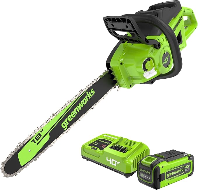 Greenworks 40V 18" Brushless Cordless Chainsaw (Great For Tree Felling, Limbing, Pruning, and Firewood), 8.0Ah Battery and Rapid Charger Included