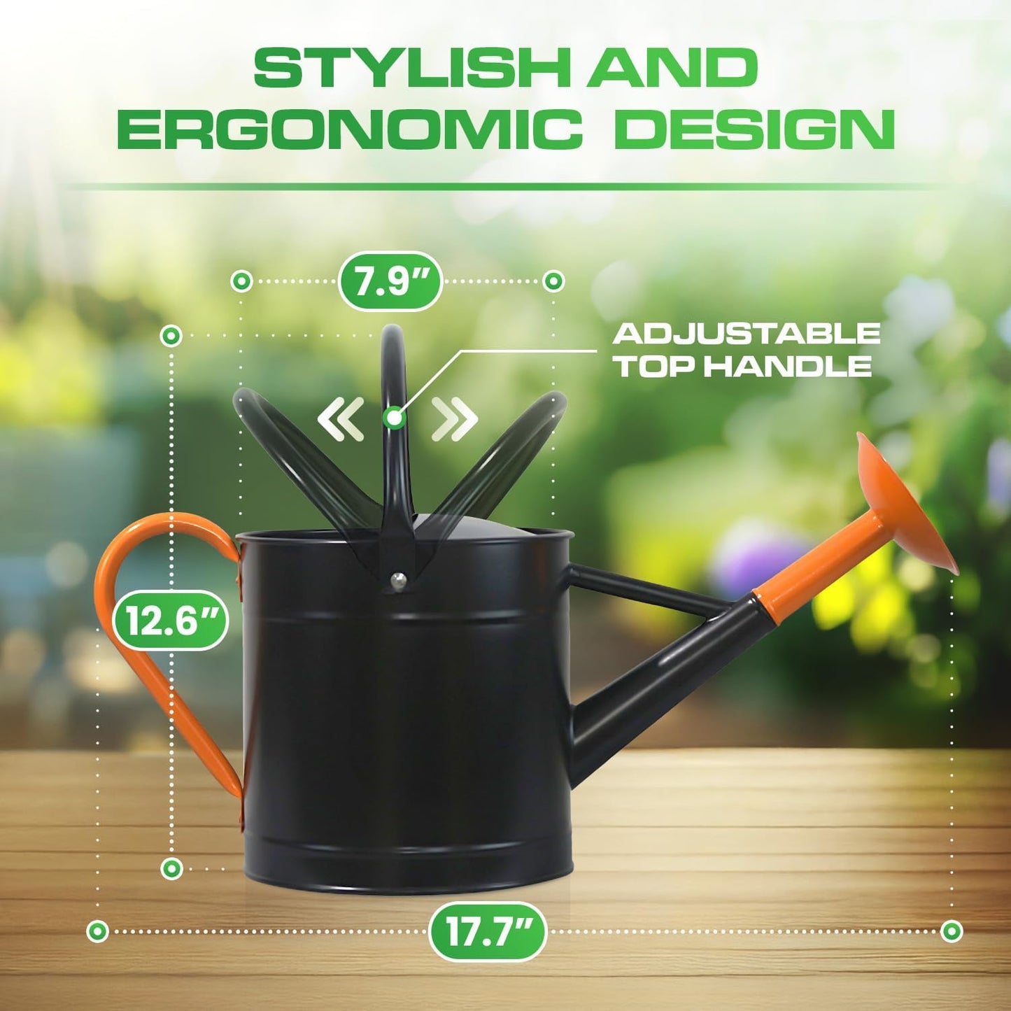 Plexon 1 Gallon Metal Watering Can Outdoor, Flower Plant Gardening Garden Large Watering Can Pot Pitcher, Steel Orange Handles and Removable Spray Spout, Black