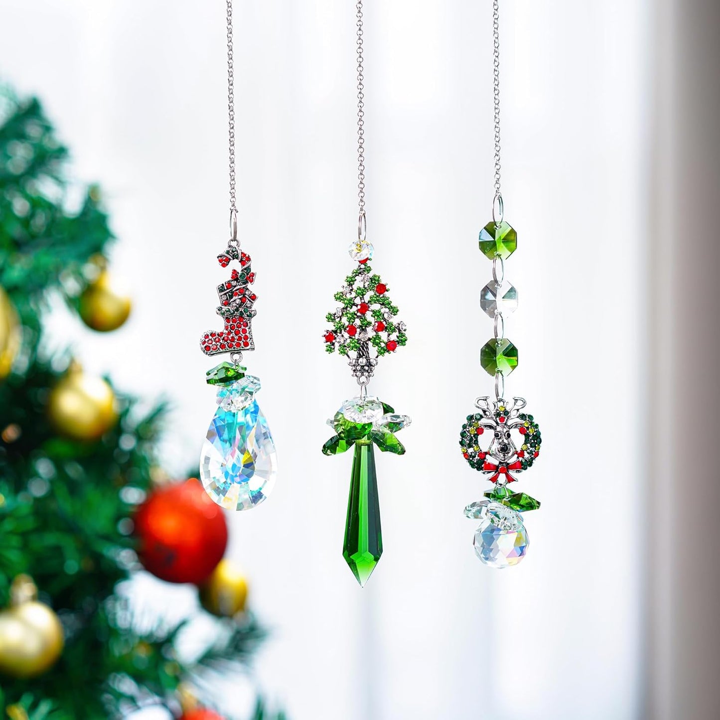 H&D HYALINE & DORA Suncatcher Crystal Christmas Ornaments 3PCS Rhinestones Crystal Pendants Hanging for Decorating Christmas Trees