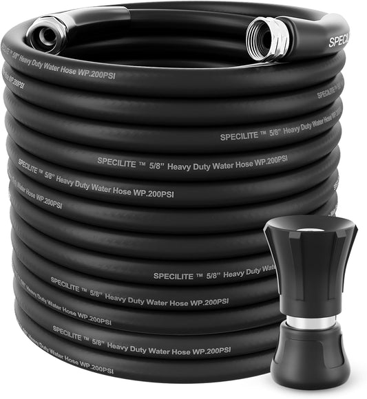 SPECILITE 5/8" Garden Hose 150 ft with High Flow Nozzle, Heavy Duty Flexible Hybrid Rubber Water Hose for Outdoor, Lightweight, Leak-Proof, No-Kink, 3/4"Stainless Steel Fittings,Black
