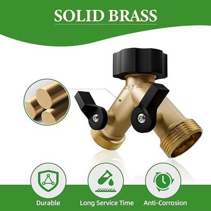 2 Pack Garden Hose Splitter 2 Way, Heavy Duty Brass Connector Tap Splitter, Y Connector Brass Garden Hose Adapter with 2 Valves & 2 Extra Rubber Washers, Water Hose Splitter, Zero Leaks