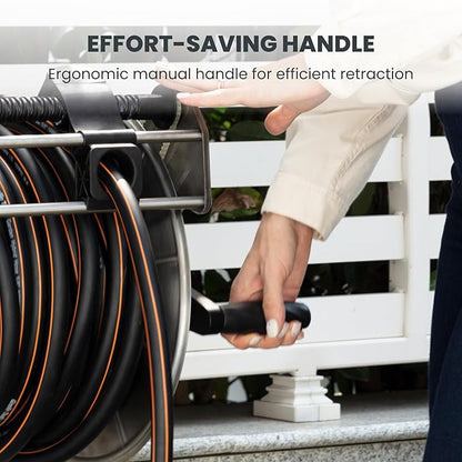 Giraffe Tools Stainless Steel Garden Hose Reel with 5/8" x 100 ft Heavy Duty Hose, Wall/Floor Mounted Metal Water Hose Reel with Crank Handle